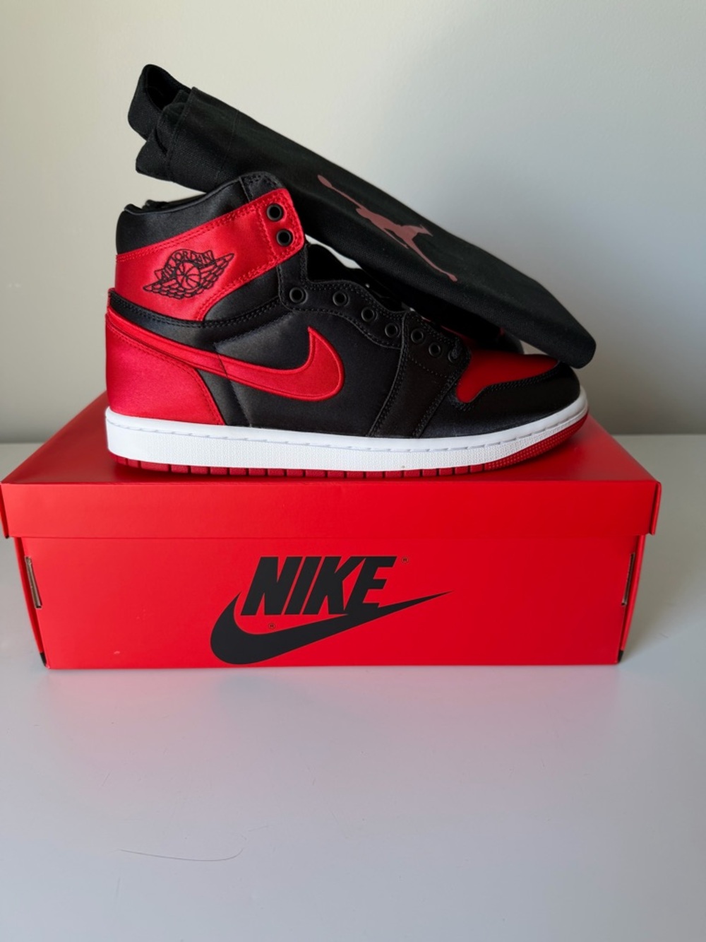 Nike Air Jordan 1 OG High Black/Red SATIN Sneakers (Women’s) with Jordan handbag
